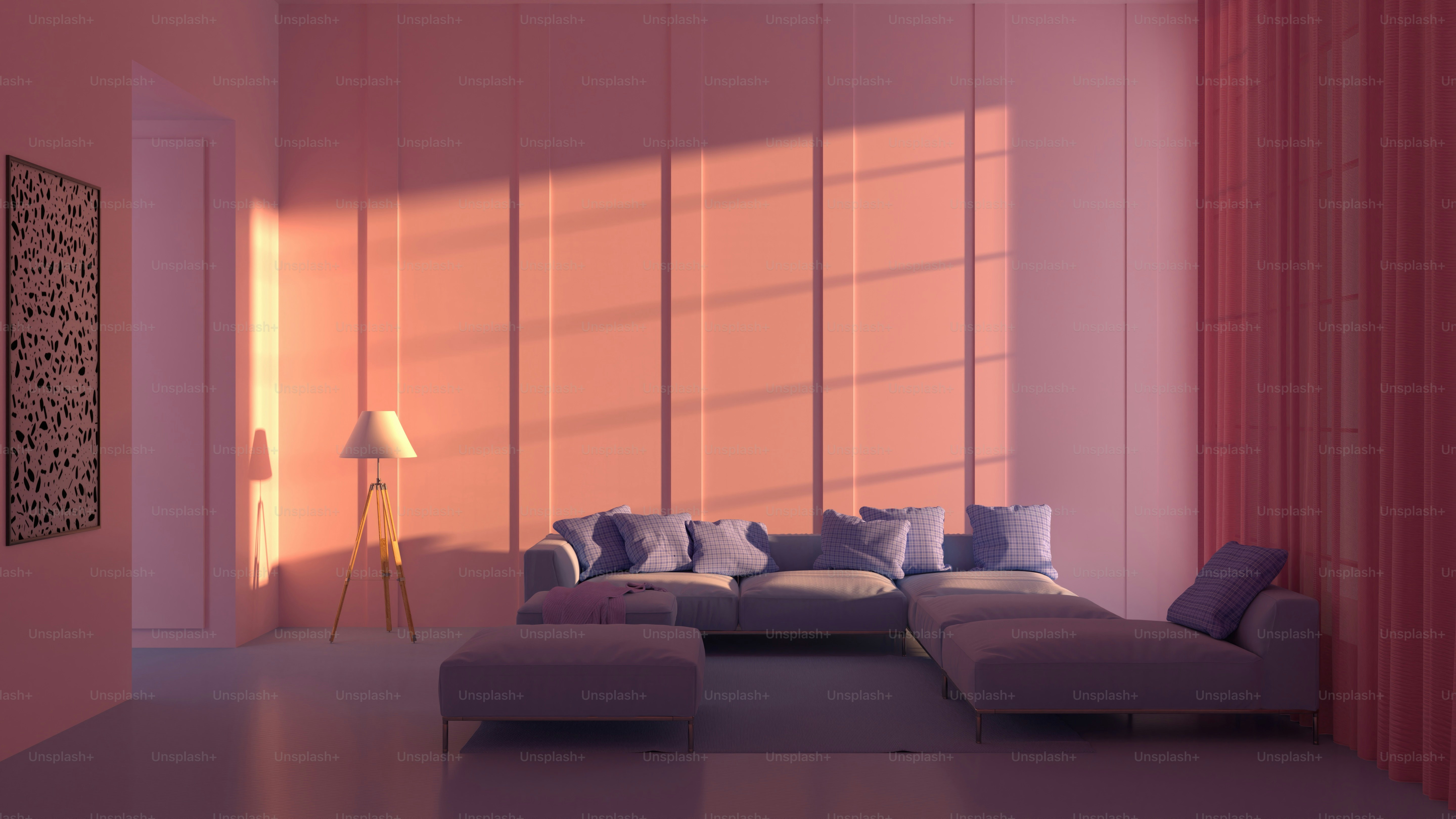 A living room with pink couches and a coffee table photo – Interior ...
