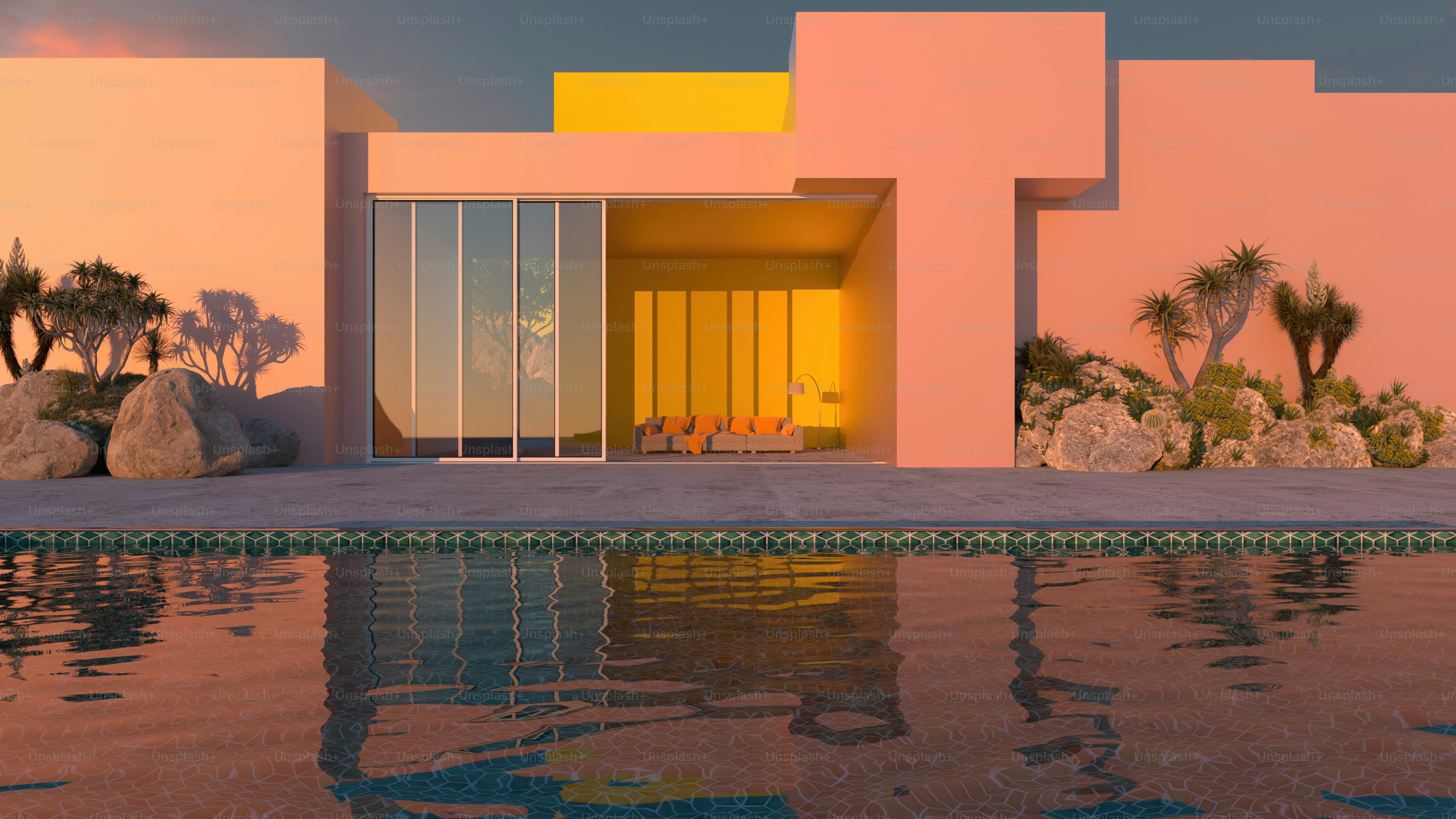 a house with a pool in front of it