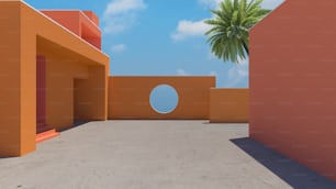 a 3d rendering of a building with a palm tree in the background