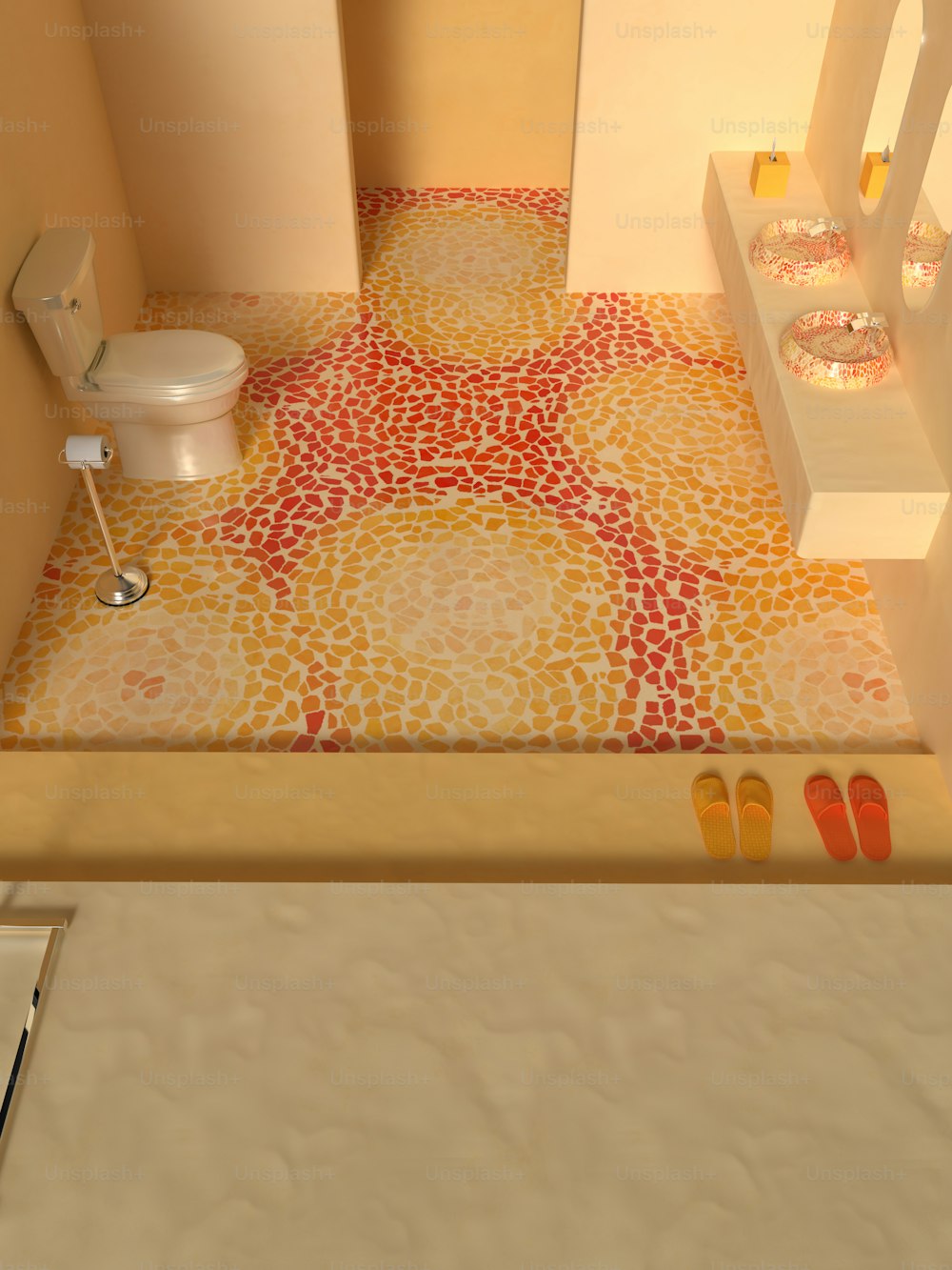 a bathroom with a toilet and a tiled floor