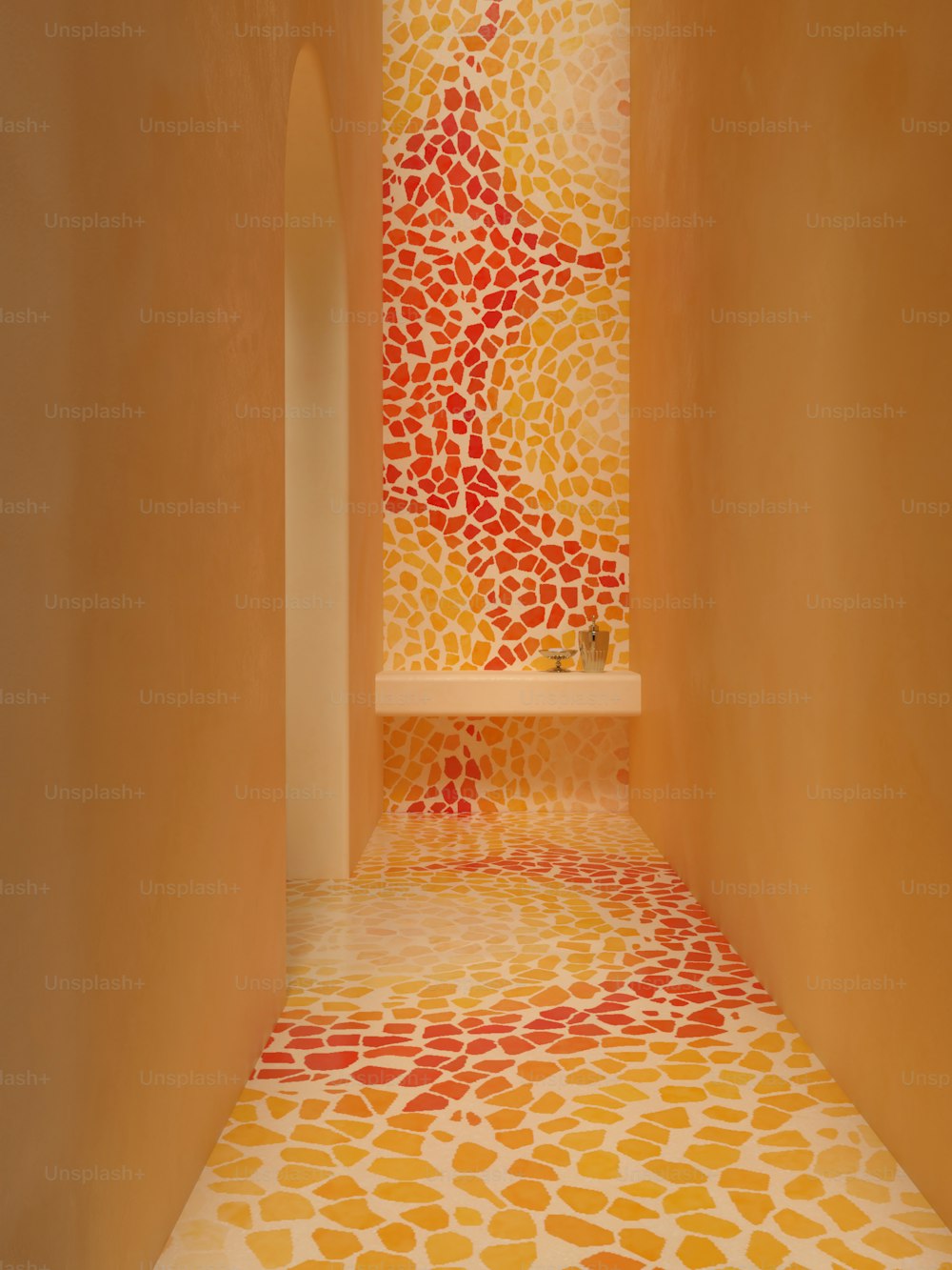 a room with a yellow and red floor and walls