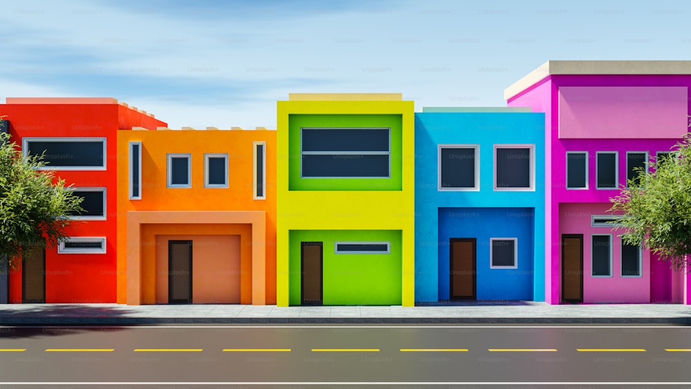 a row of multi - colored buildings on the side of a road