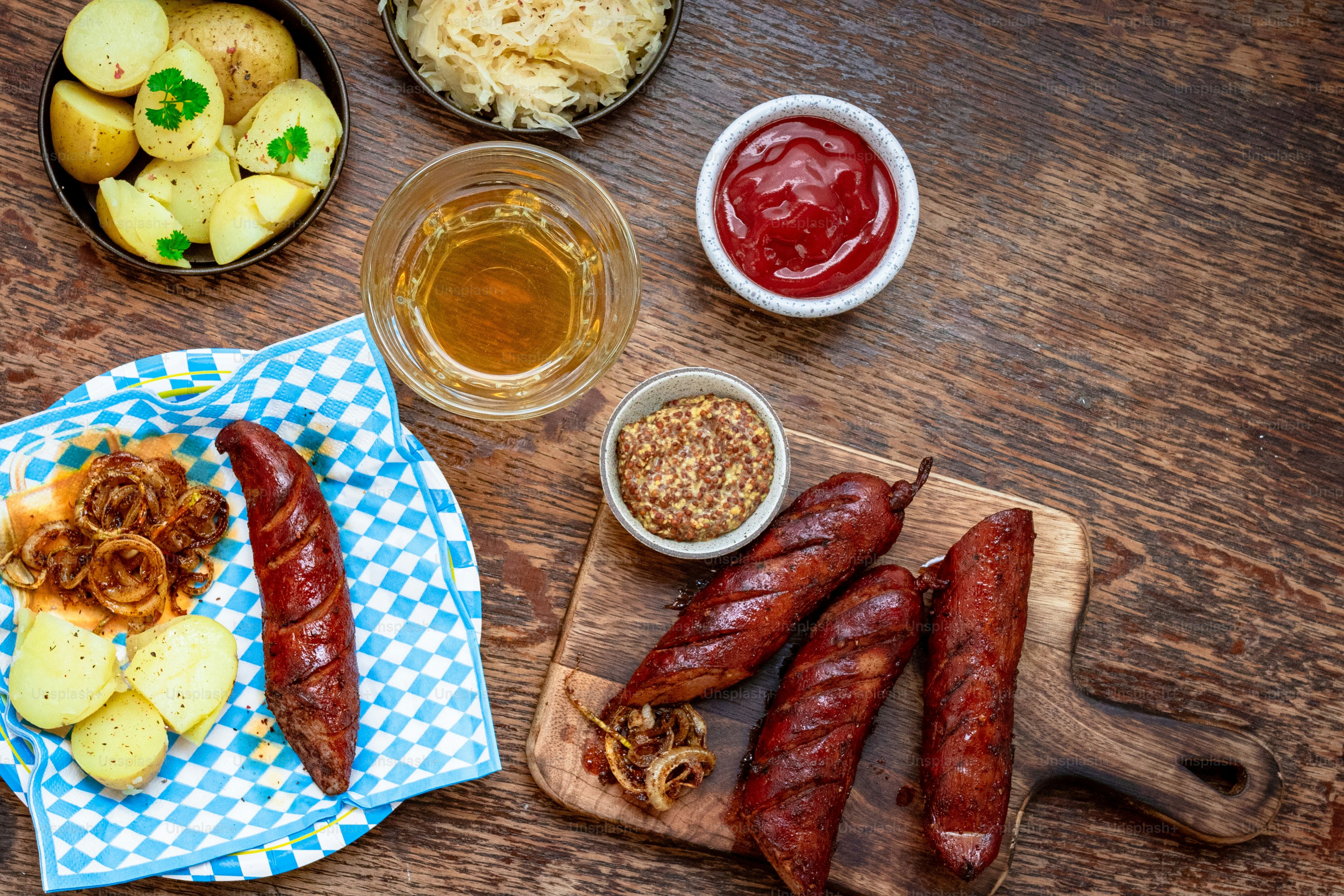 a wooden table topped with different types of food