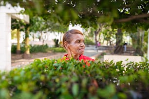 an older woman looking out over a hedge