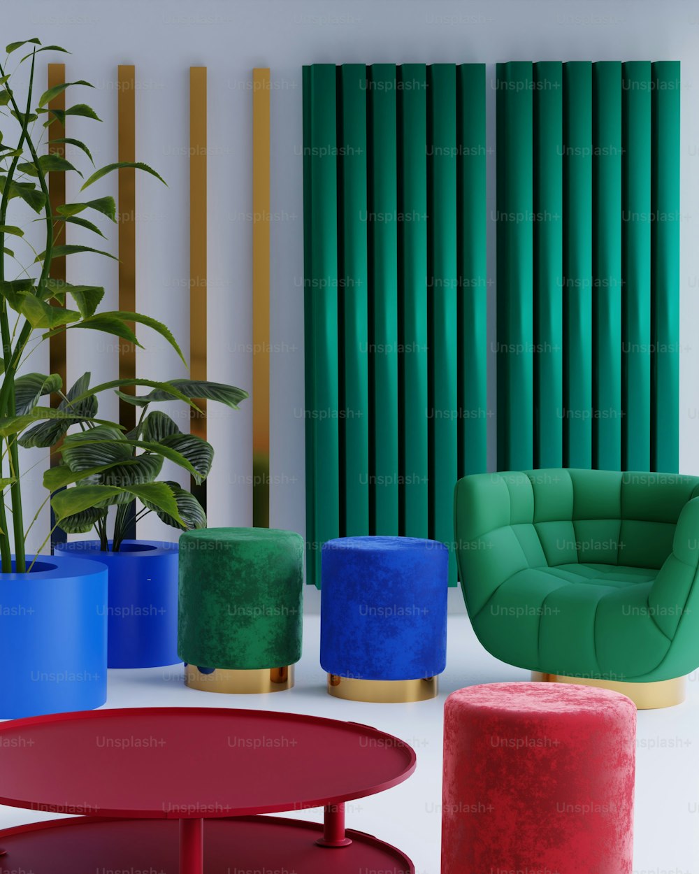 Ein Raum voller Möbel und einer grünen Pflanze