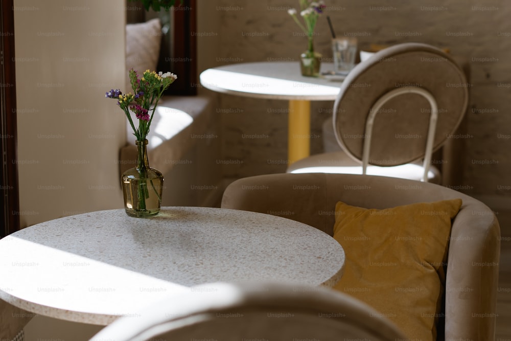 a table with a vase of flowers on top of it