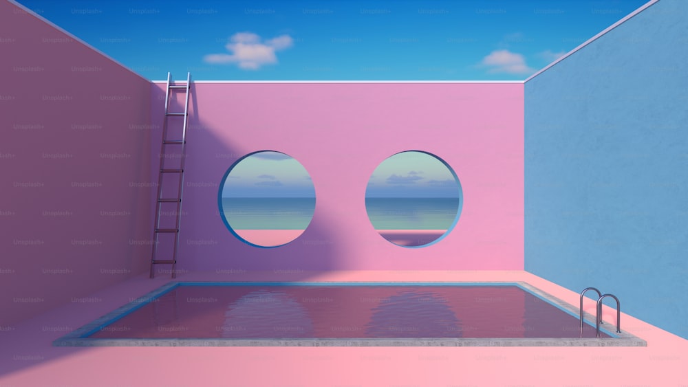 a pink room with two round windows and a ladder