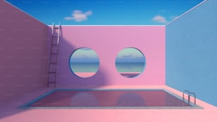 una stanza rosa con due finestre rotonde e una scala