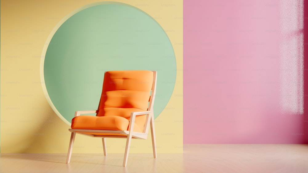 an orange chair sitting in front of a colorful wall