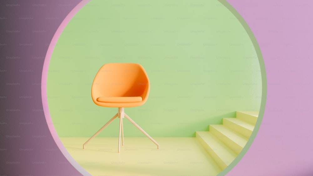 an orange chair sitting in front of a green wall