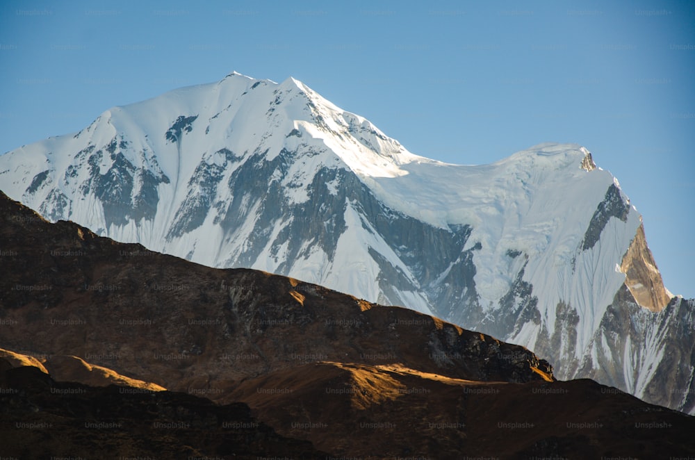 a snow covered mountain with a clear blue sky