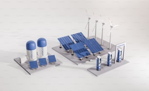 a group of blue and white solar panels on display