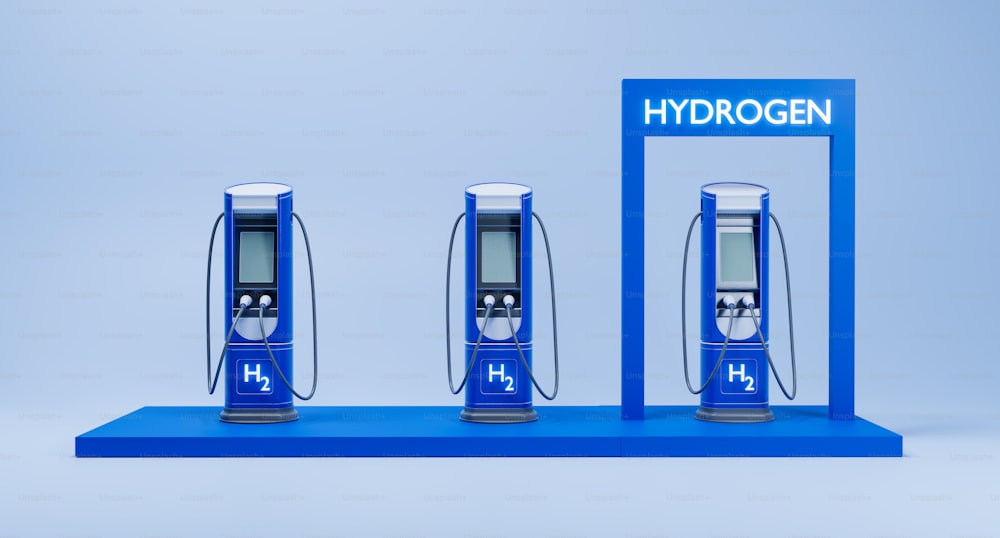 Tres dispensadores de combustible de hidrógeno en una plataforma azul