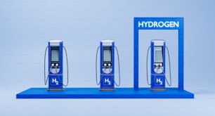 Trois distributeurs d’hydrogène sur une plate-forme bleue