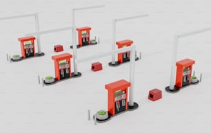 a group of red gas pumps sitting next to each other