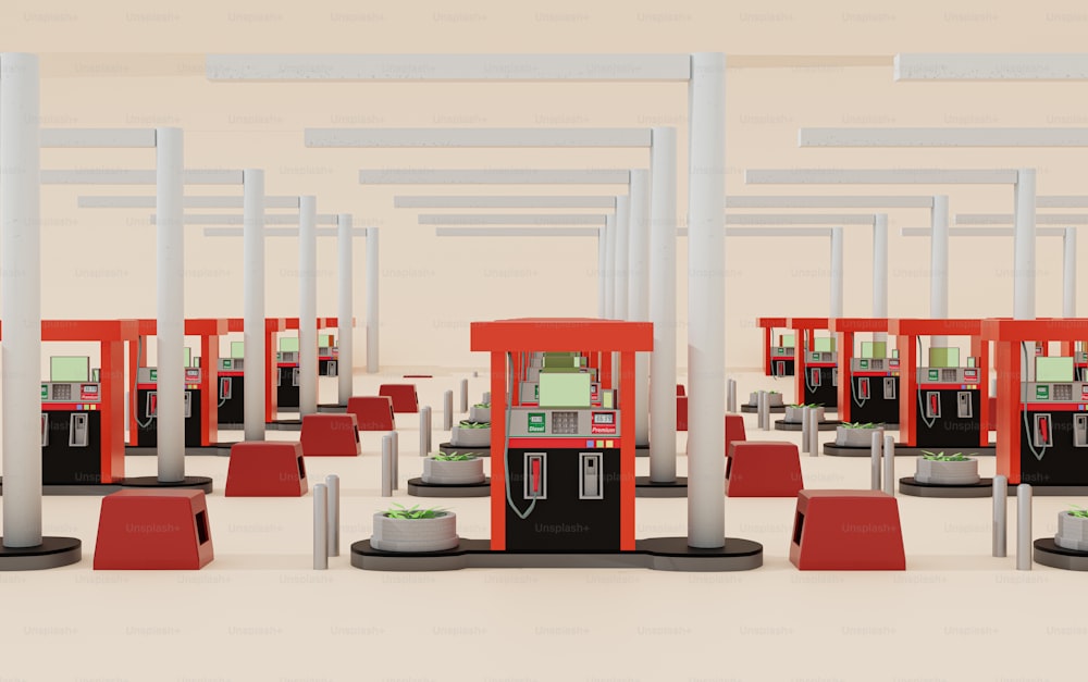a row of red and black gas pumps