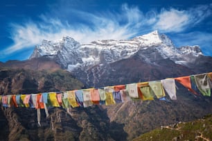 une ligne de drapeaux colorés suspendus à une ligne devant une montagne