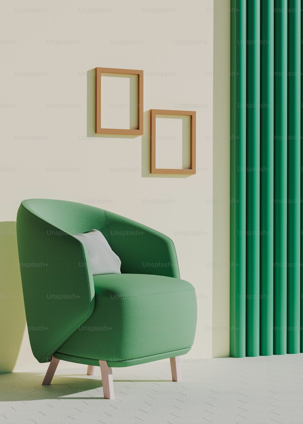 a green chair sitting in front of a green wall