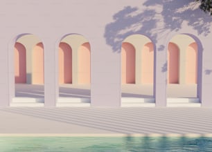 une peinture d’une rangée d’arches au-dessus d’un plan d’eau