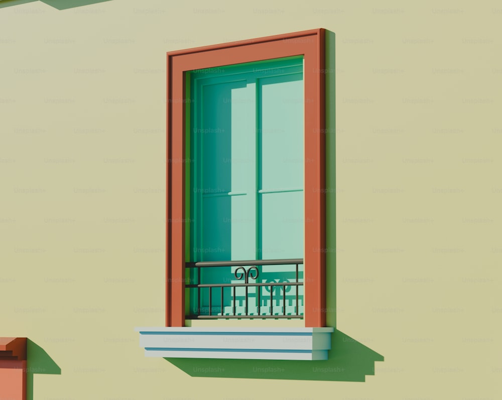 a green window with a red frame on a yellow wall