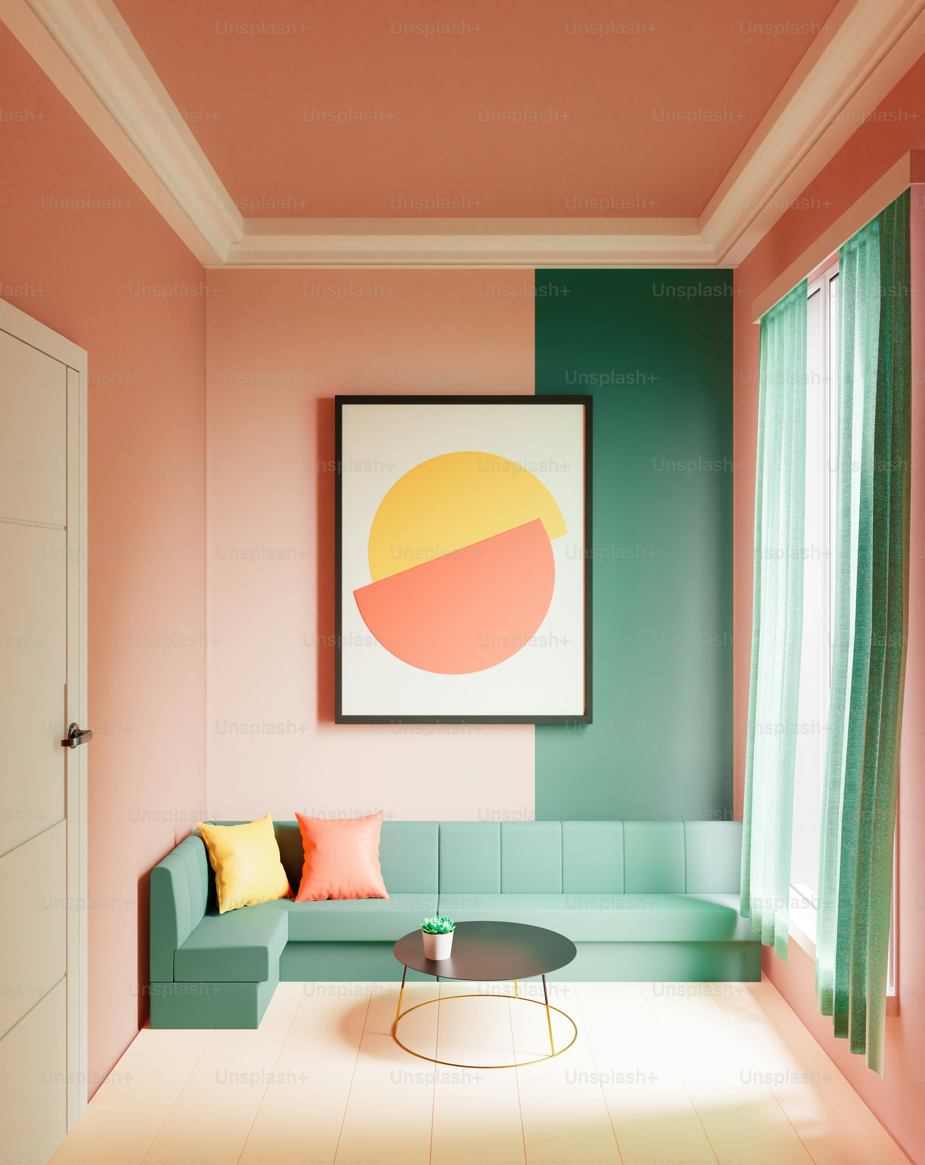 a living room with a couch and a painting on the wall