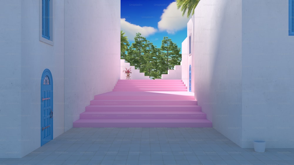 uma escada rosa que leva a uma palmeira