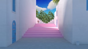 un escalier rose menant à un palmier