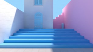 un conjunto de escaleras que conducen a una puerta azul