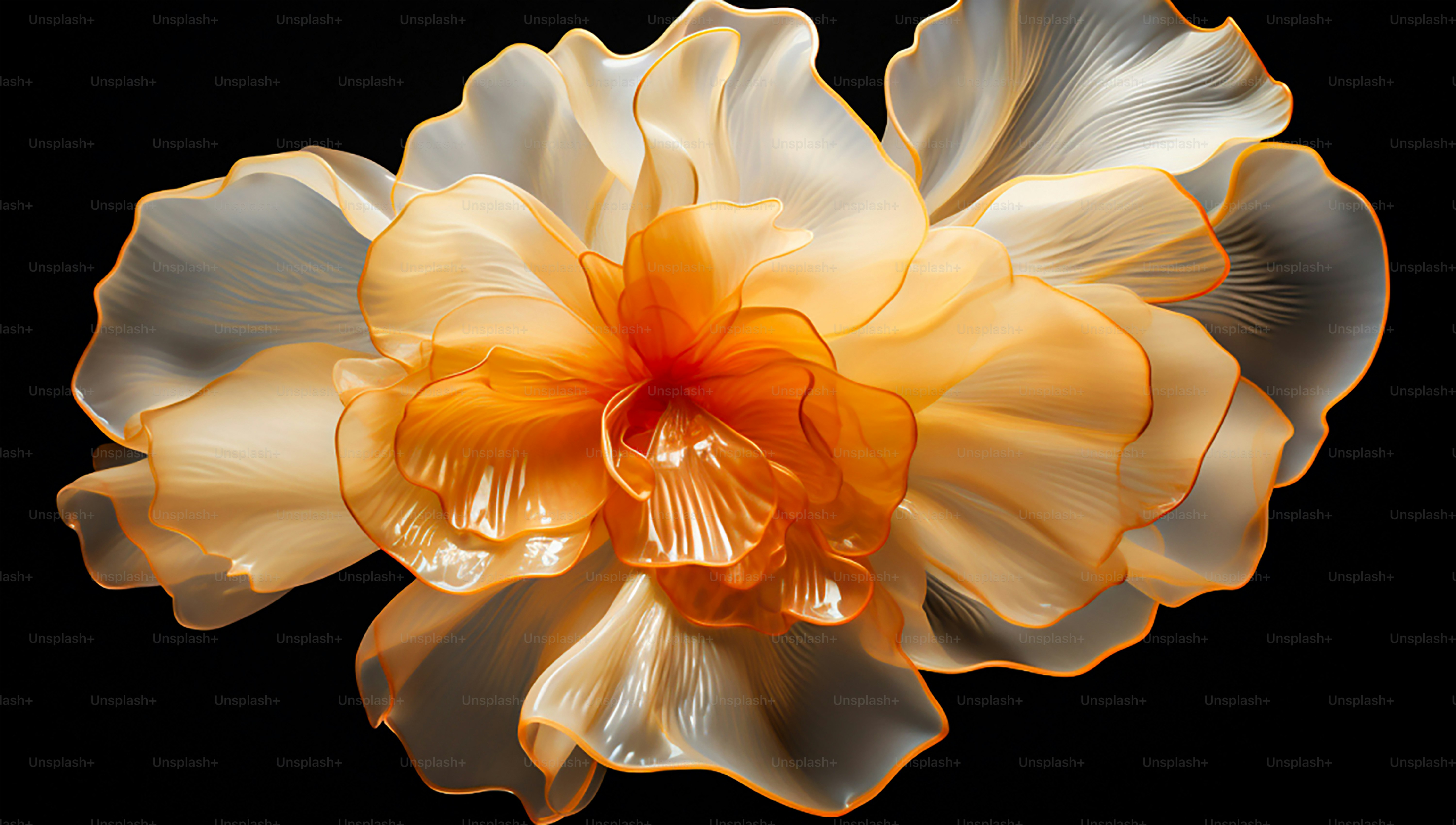a white and yellow flower on a black background