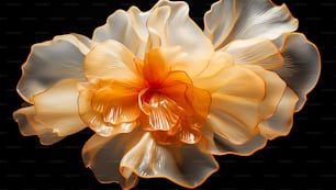 a white and yellow flower on a black background