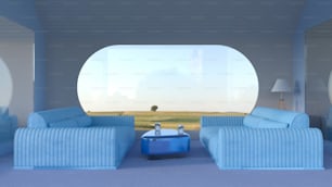 un salon avec des canapés bleus et une fenêtre ronde