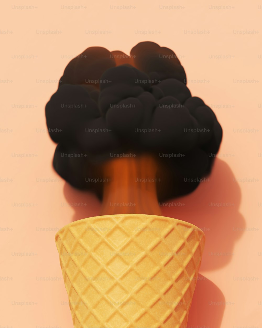 an ice cream cone with black smoke coming out of it