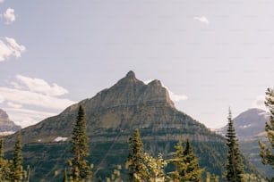 uma vista de uma montanha com árvores em primeiro plano