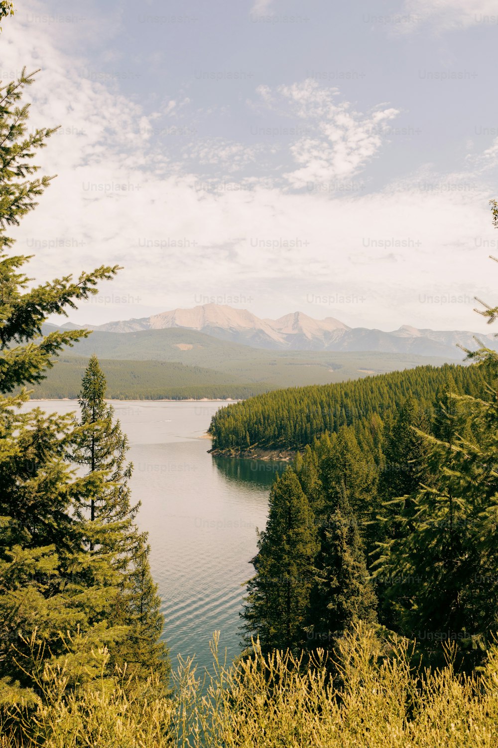 a lake surrounded by trees and mountains under a cloudy sky