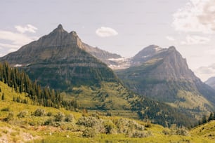 a view of a mountain range with trees and mountains in the background