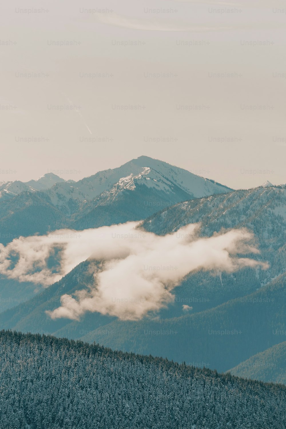 a view of a mountain range covered in clouds