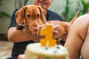 a man holding a dog in front of a birthday cake