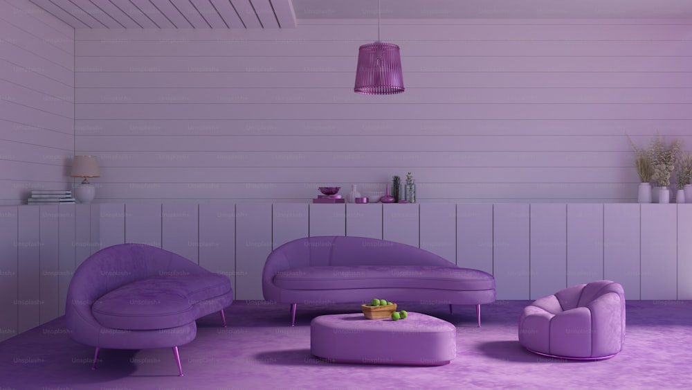 a living room with purple furniture and white walls