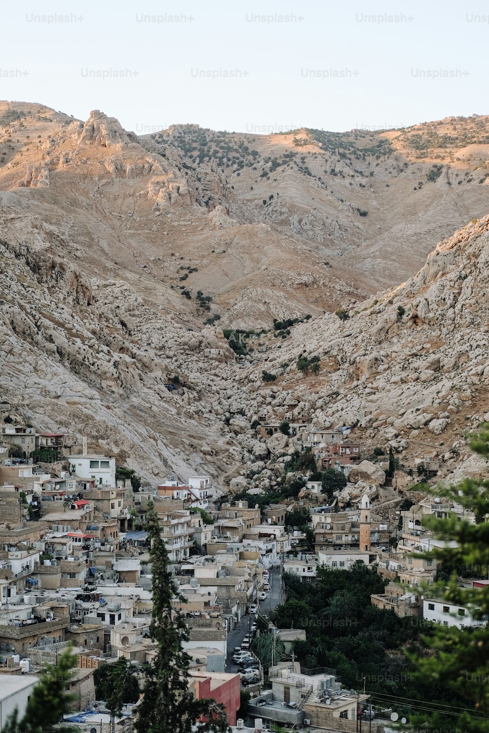 a view of a city with mountains in the background