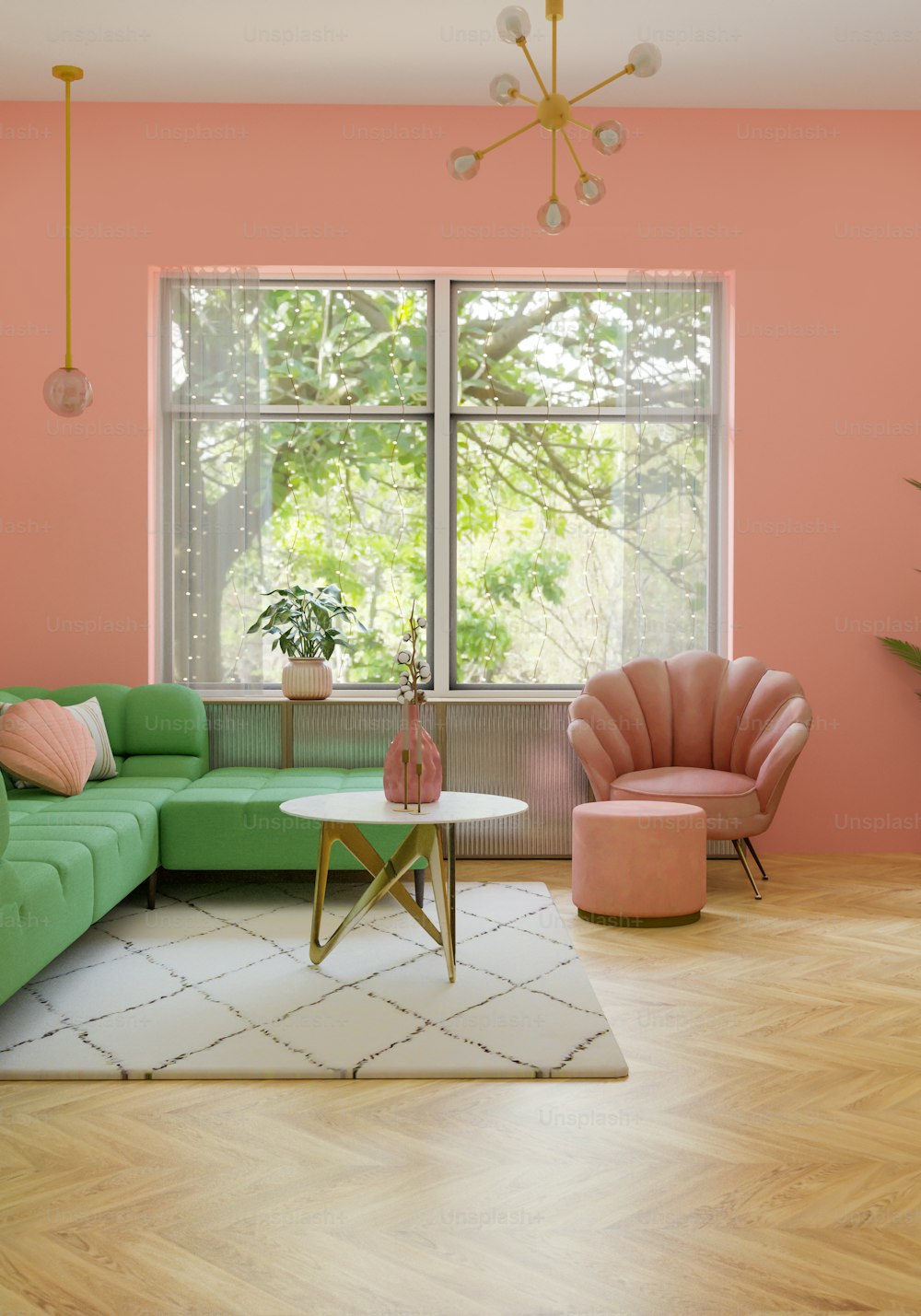 a living room with pink walls and a green couch