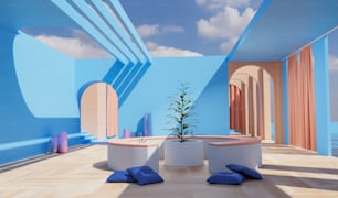 Ein Raum mit blauen Wänden und einer Pflanze in der Mitte