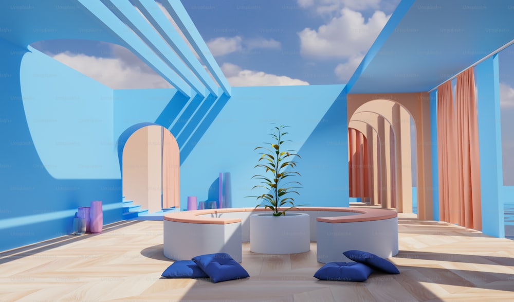 a room with blue walls and a plant in the center