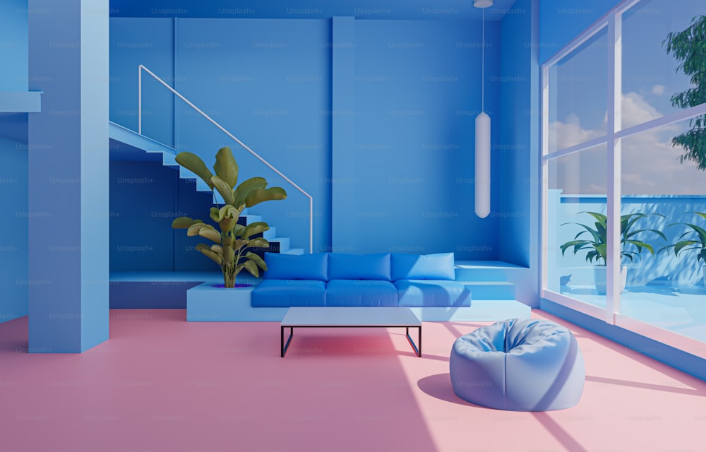 un salon avec des murs bleus et un sol rose