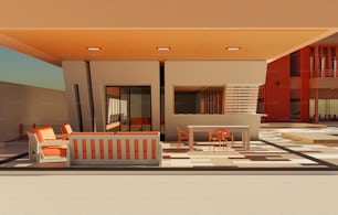 a 3d rendering of a living room and dining area