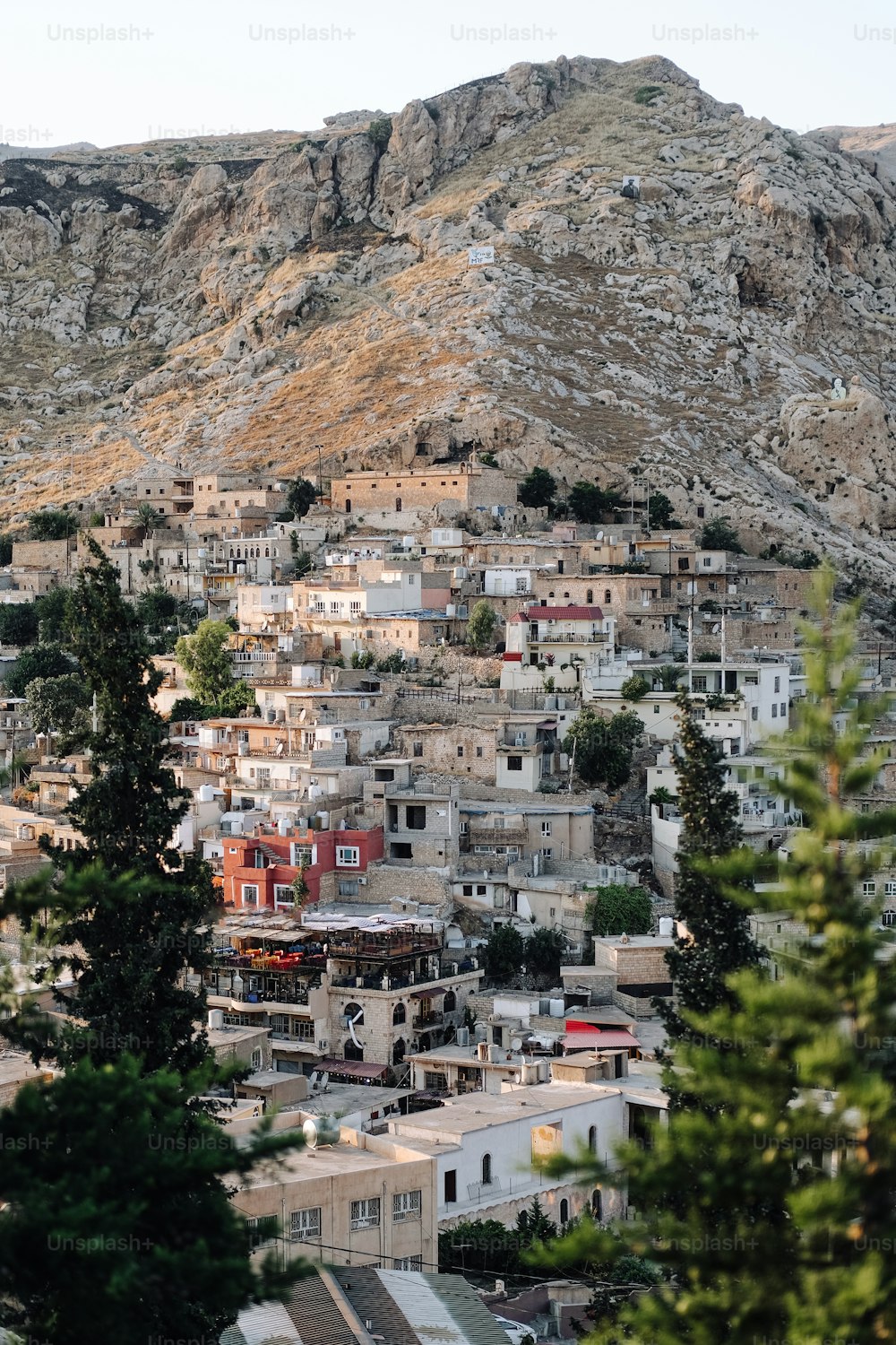 Una ciudad con una montaña al fondo