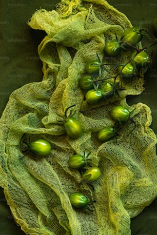 a bunch of green tomatoes sitting on top of a green cloth