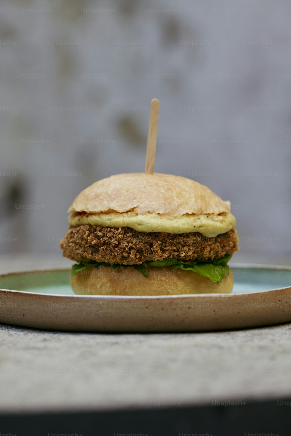 a sandwich on a plate with a toothpick sticking out of it