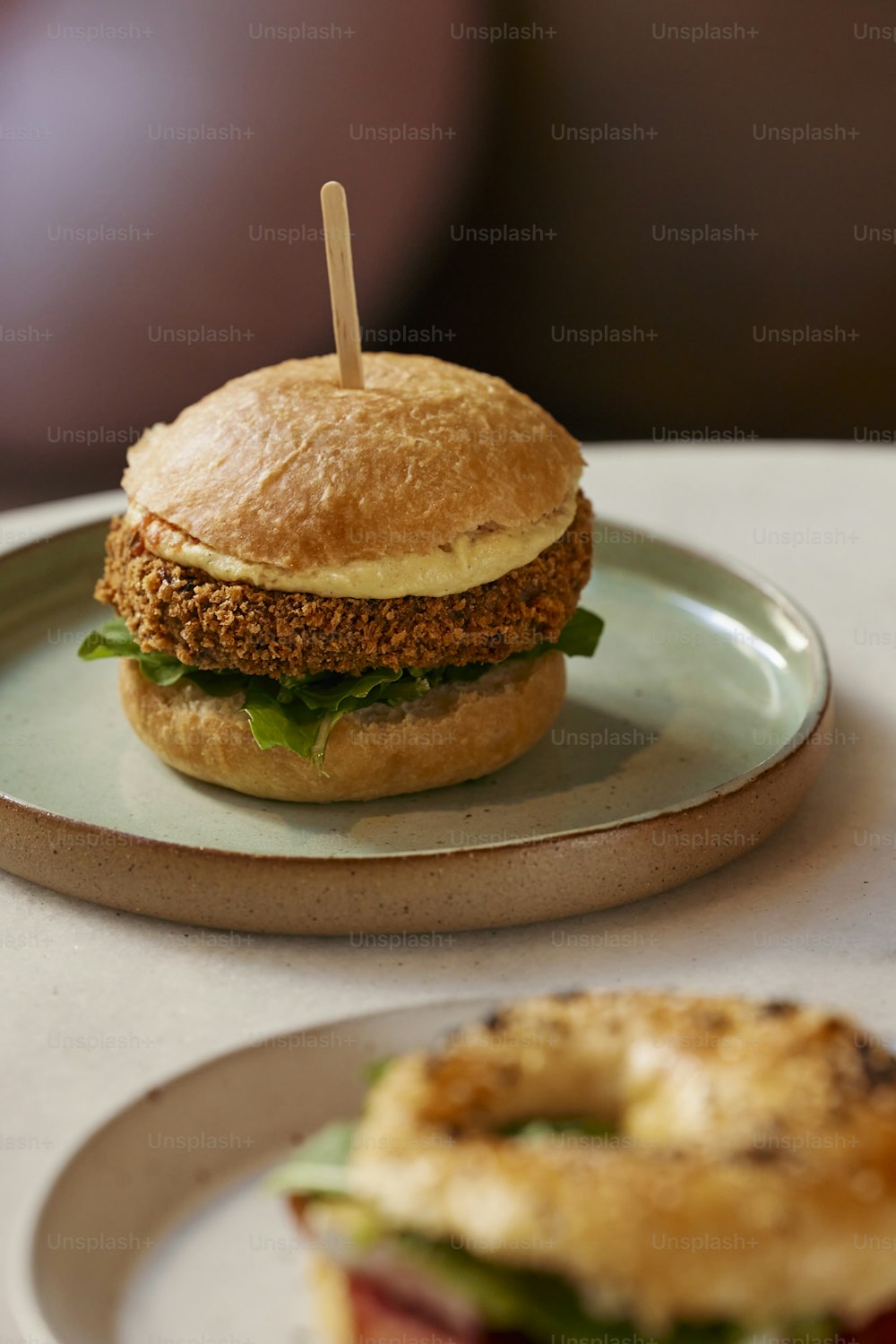 a sandwich on a plate with a toothpick sticking out of it