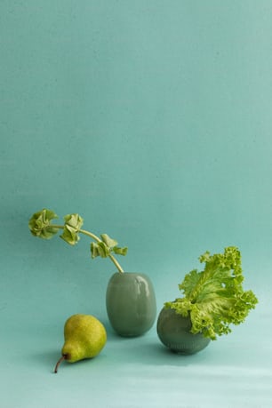 a couple of fruits and vegetables on a blue background