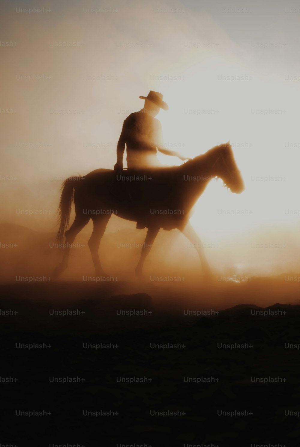 a silhouette of a man riding a horse